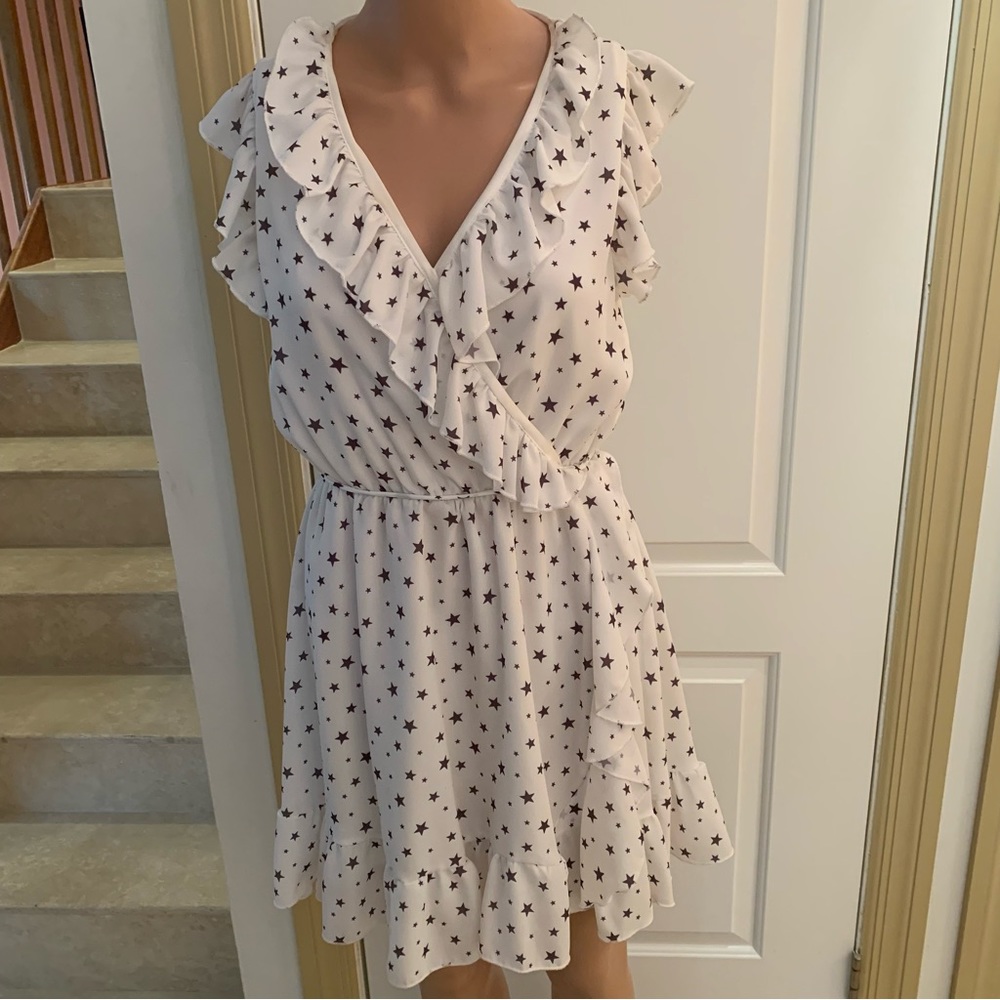 ALTER’D STATE. Starlight, faux wrap ruffle dress. Ruffles around‎ arms, n…
